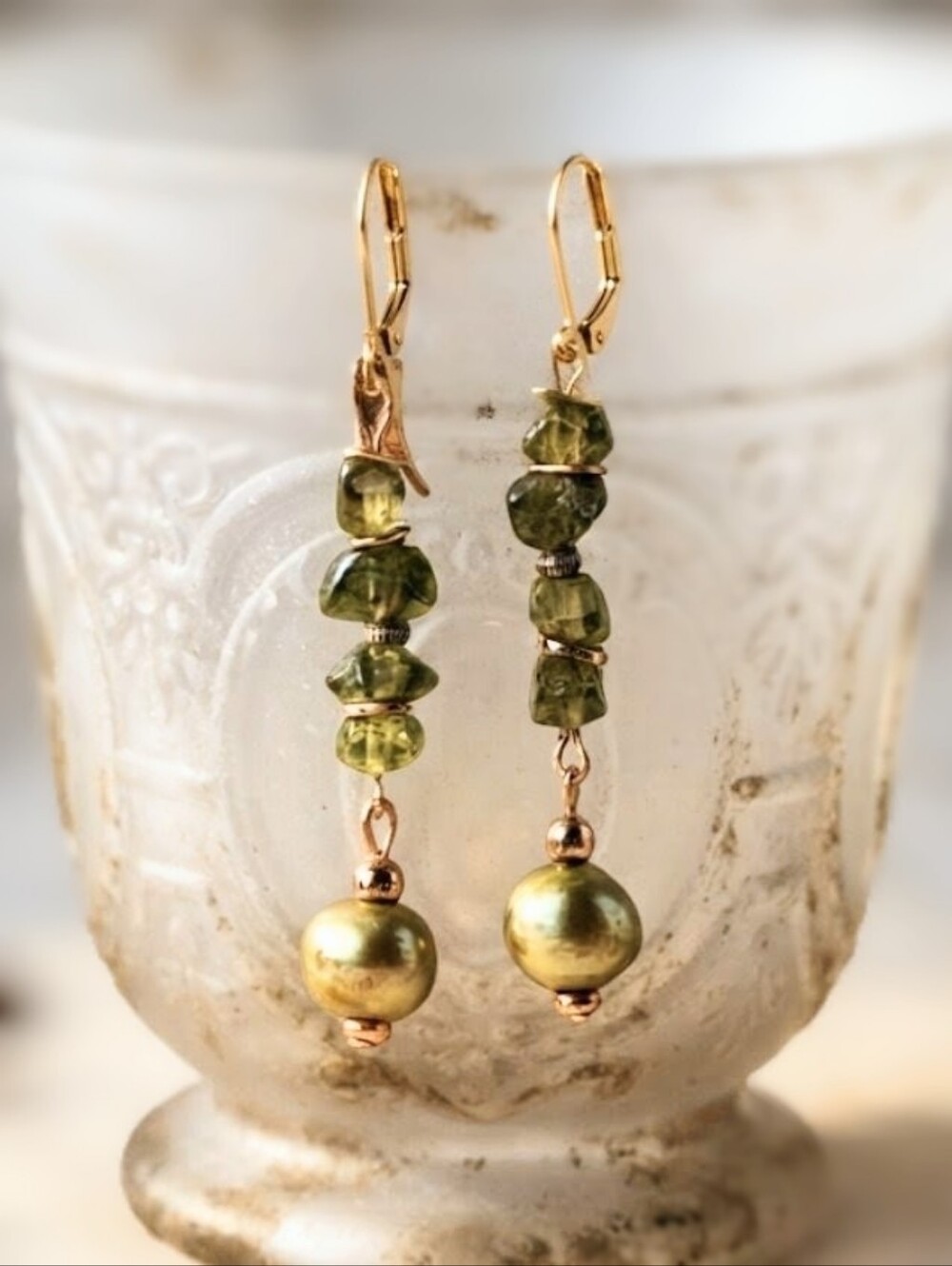 Genuine Arizona PERIDOT & Green Baroque Pearl In 18K Gold Plated Long Earrings